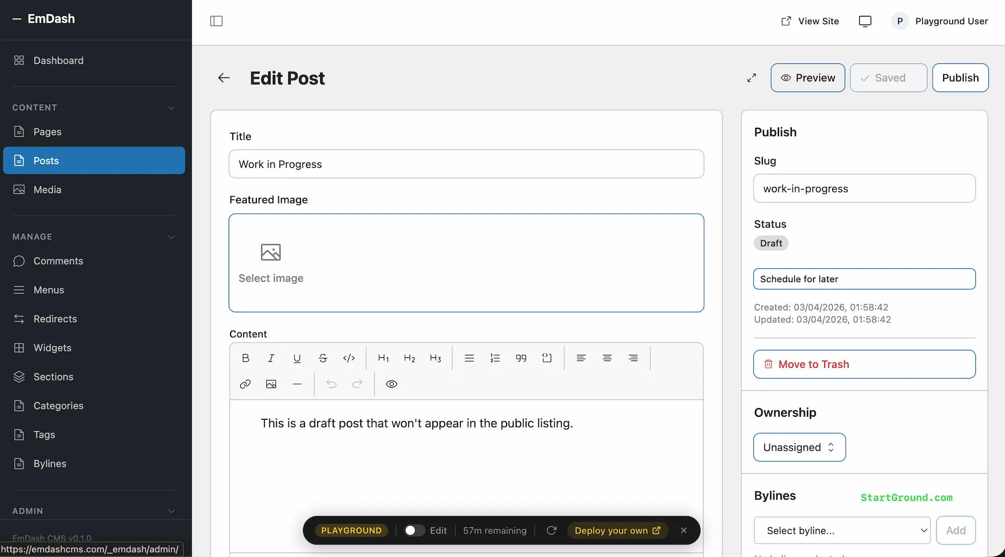 EmDash Editing Experience Posts View