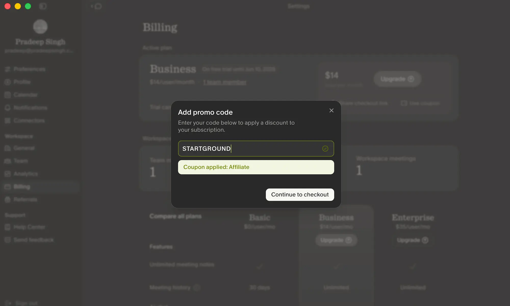 Granola Promo Code Applied Billing Section