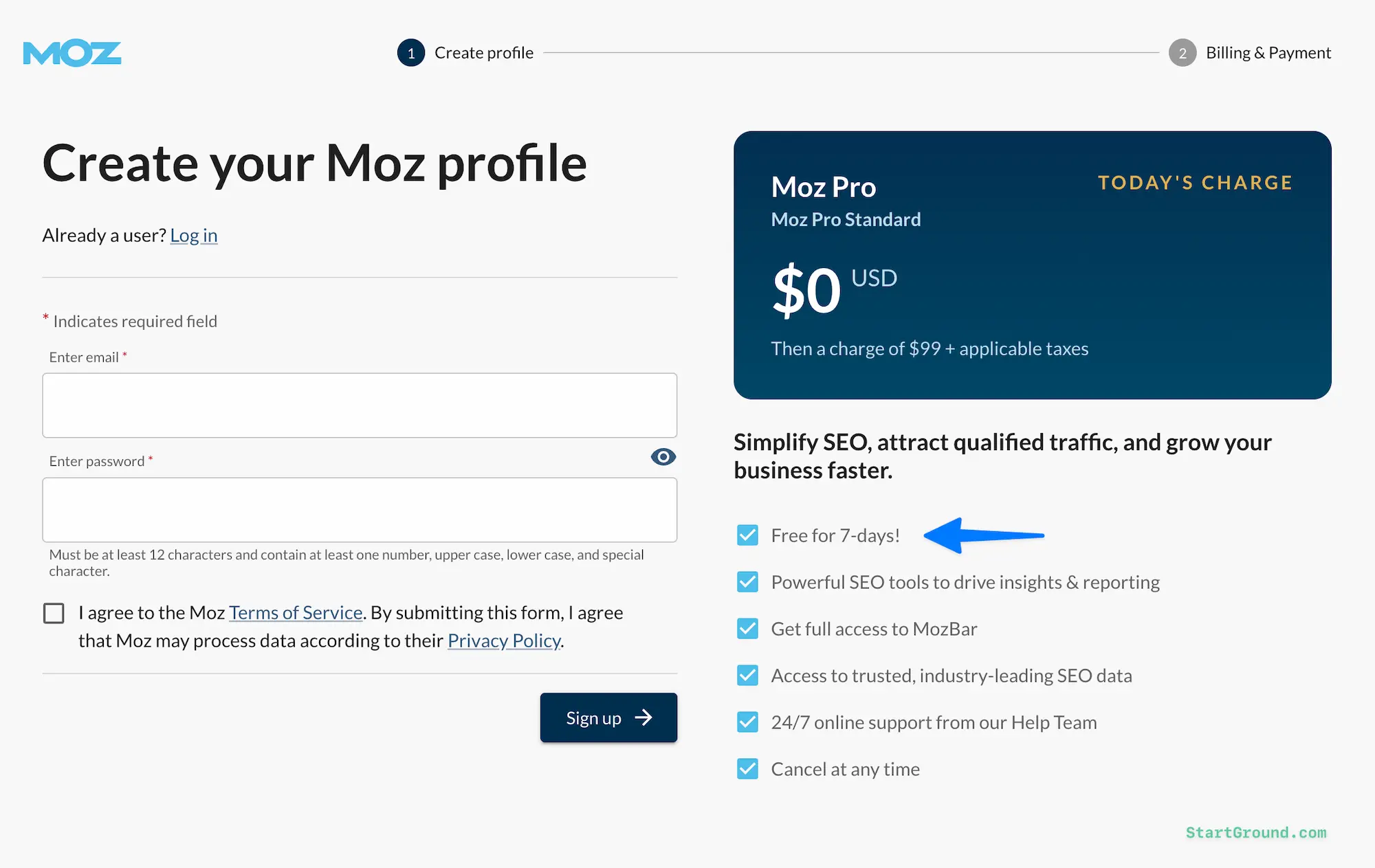 Moz Free Trial Offer Sign Up page