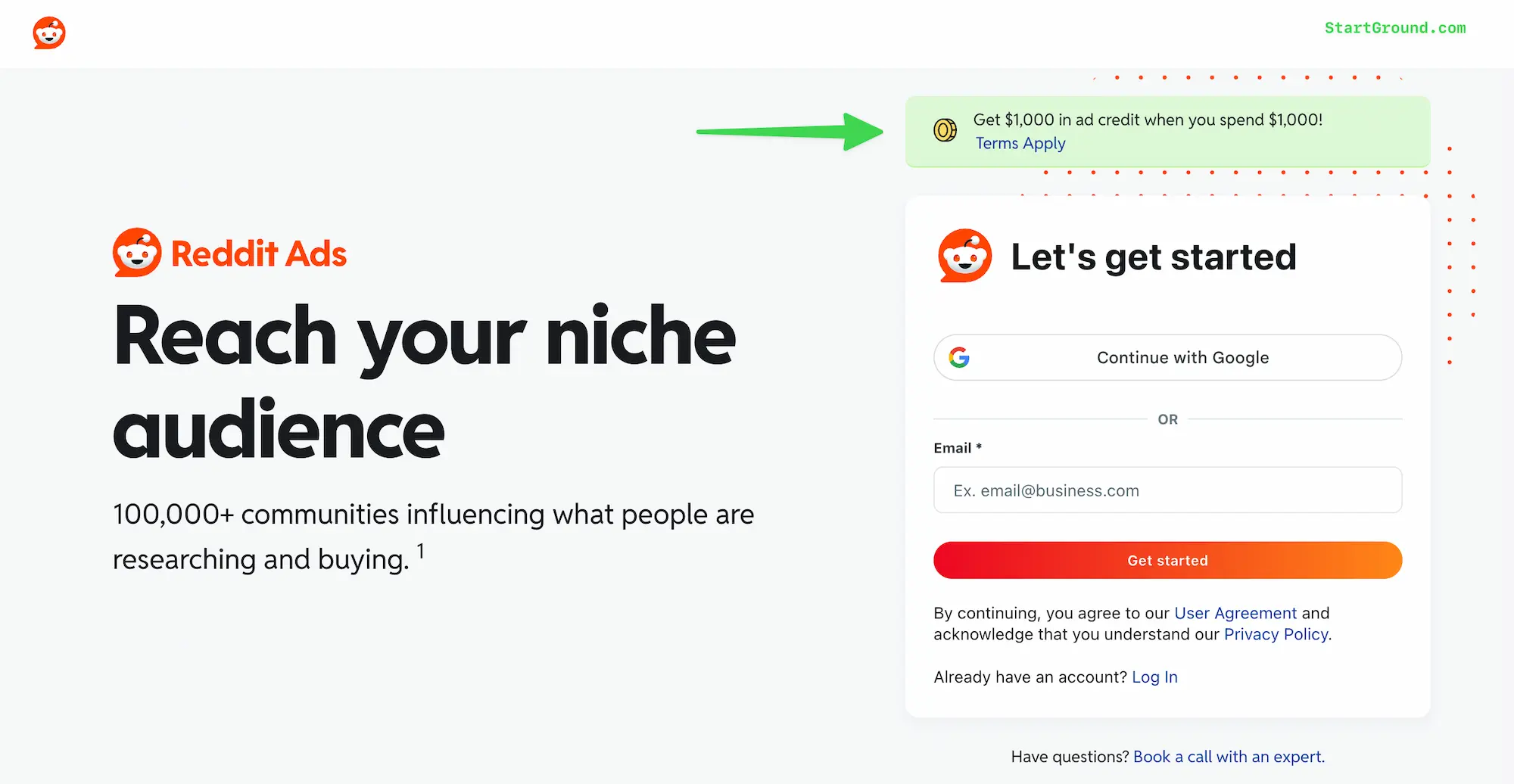 Reddit Ads Promo Code Offer Landing Page