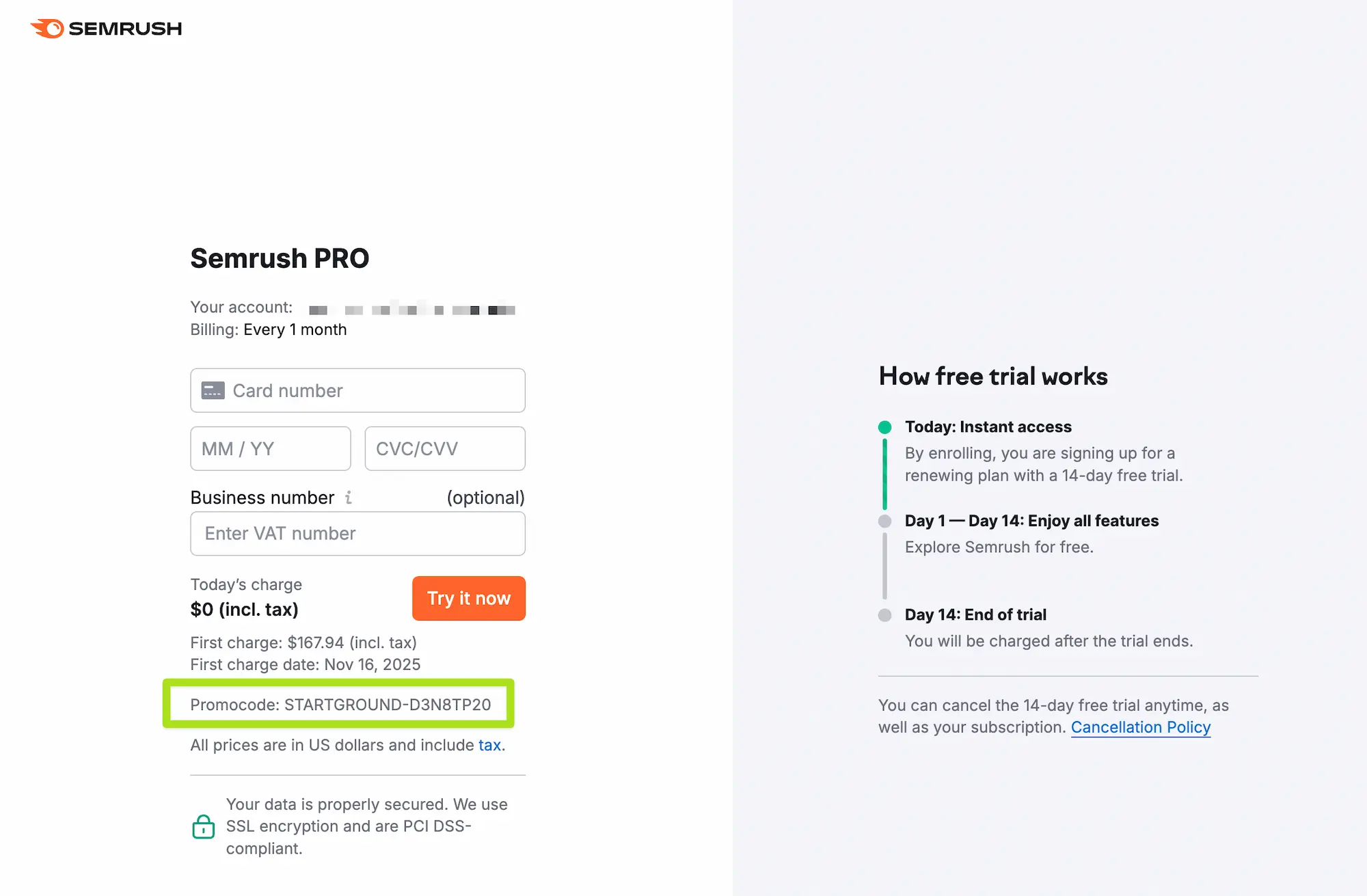 Semrush Coupon Applied StartGround Offer