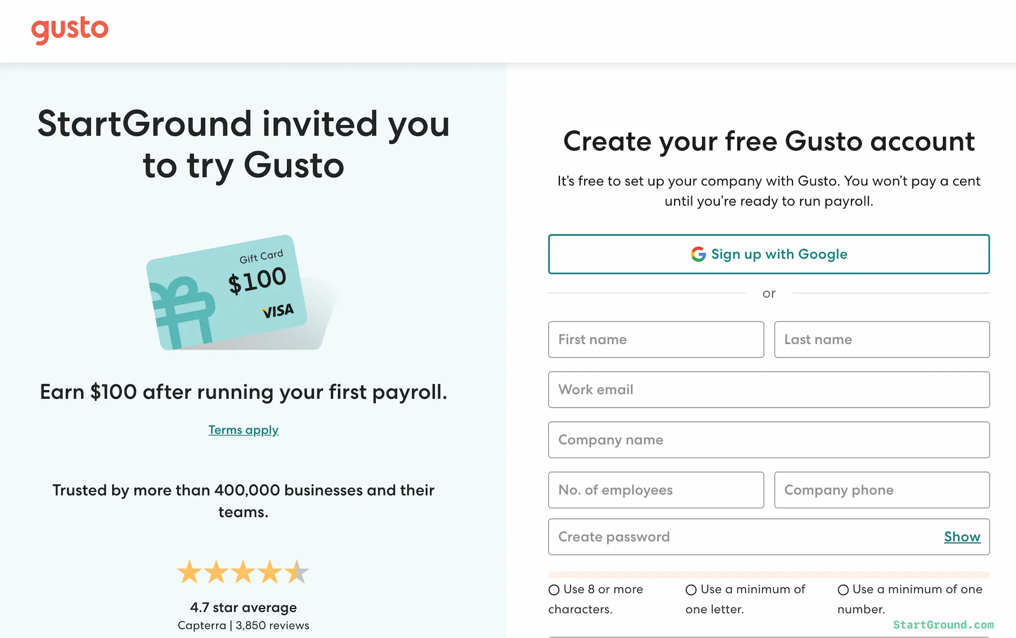 StartGround Gusto Partner Page for promo Offer
