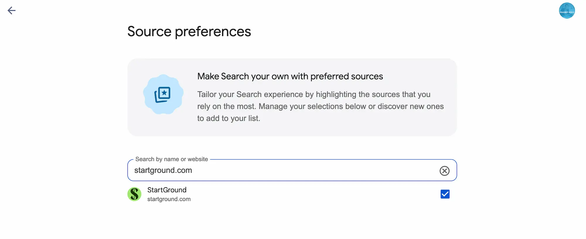 StartGround add Preferred Source on Google step