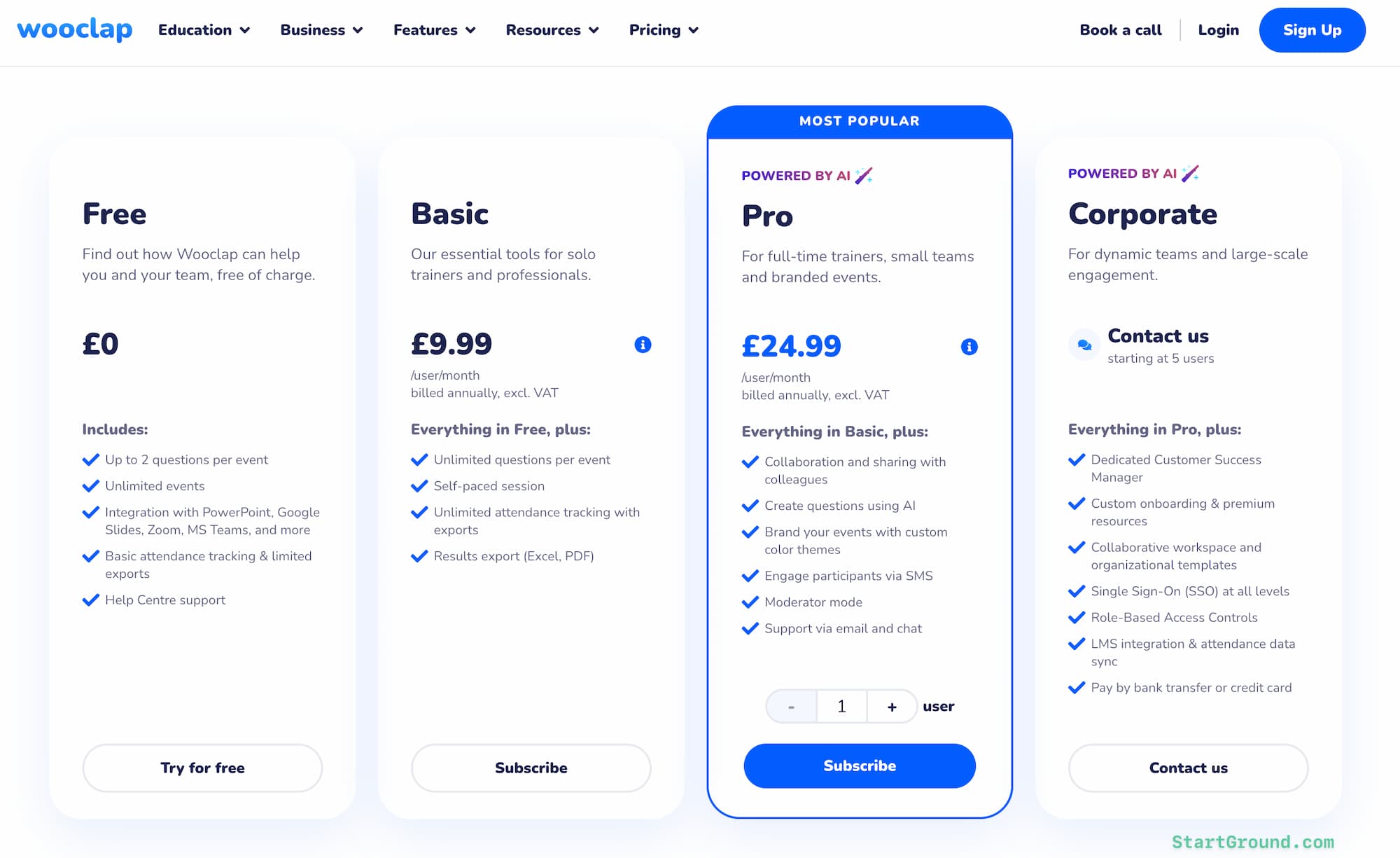 Wooclap code business pricing